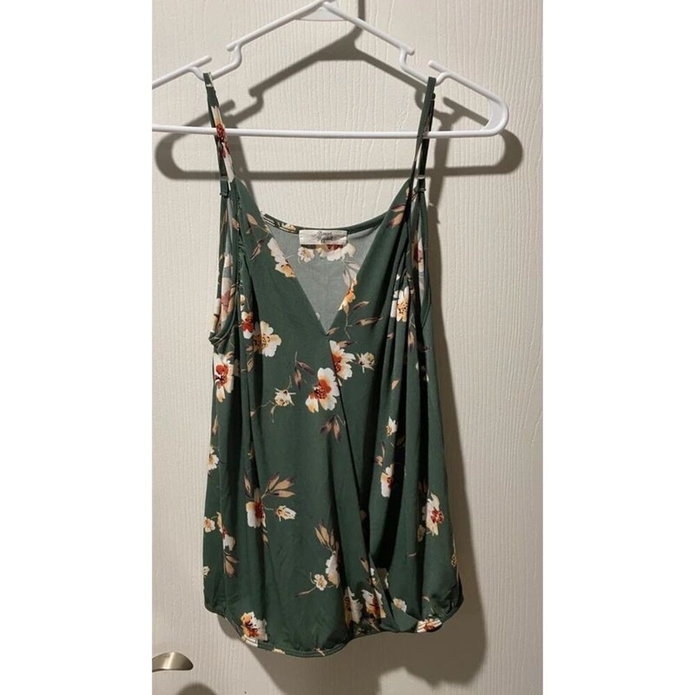 Beacon Apparel M Floral Faux Wrap Cami Tank Top Olive Green
